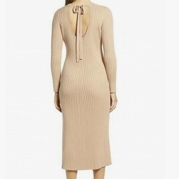 NWT Nordstrom WayF Hollie Size XL Tan Tie Neck Side Slit Sweater Dress Brunch - Picture 1 of 9
